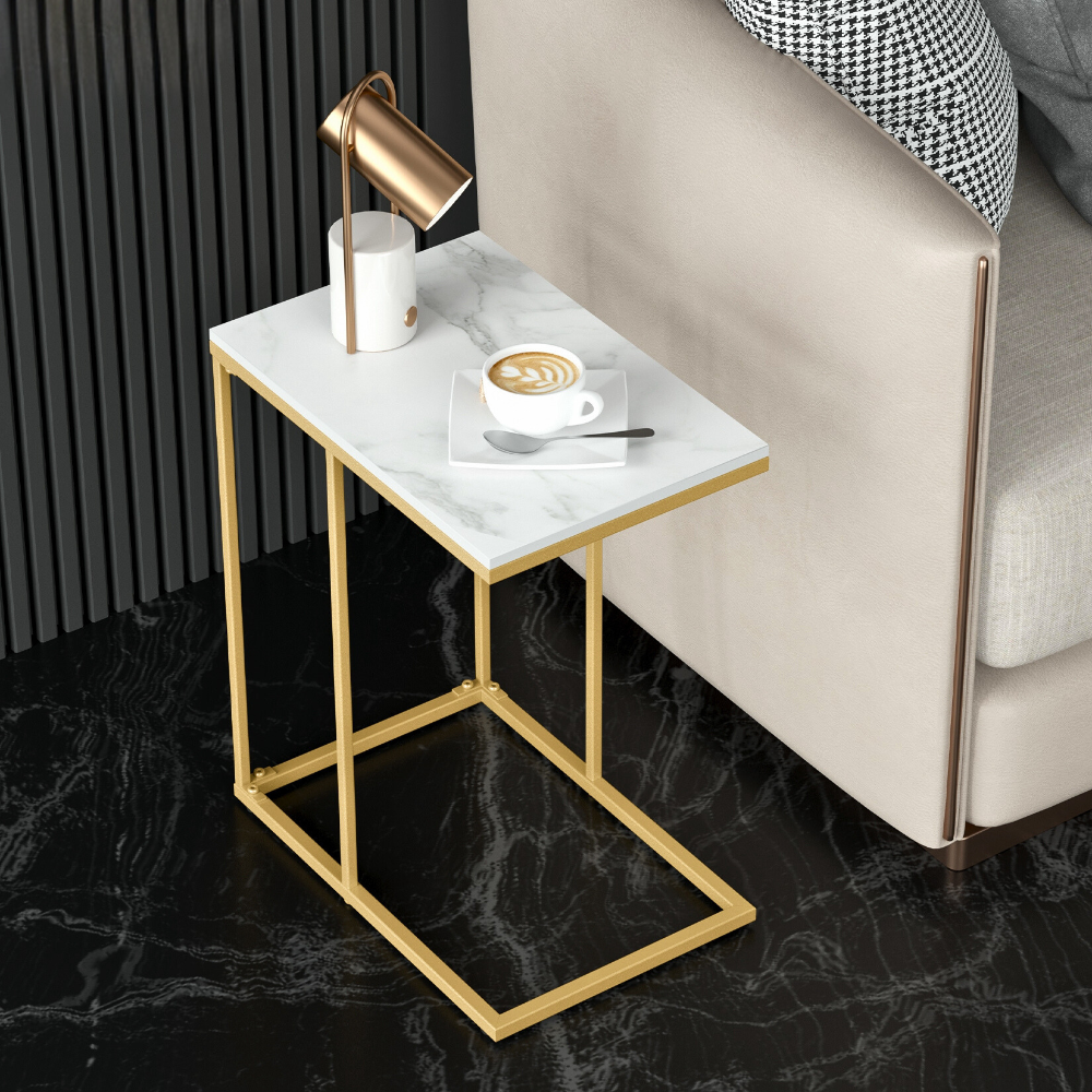 Modern C-Shaped Sofa Side Table with White Sintered Stone Table-top and Metal Iron Legs_0