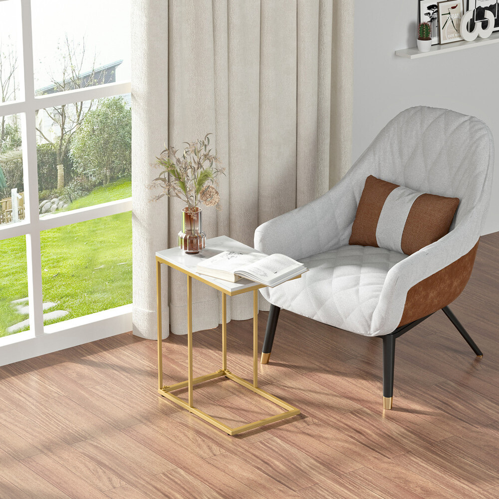 Modern C-Shaped Sofa Side Table with White Sintered Stone Table-top and Metal Iron Legs_1