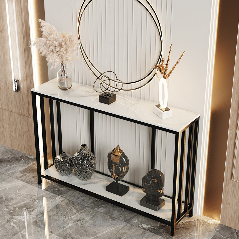 Modern White Marble Console Table with Storage Shelf_1