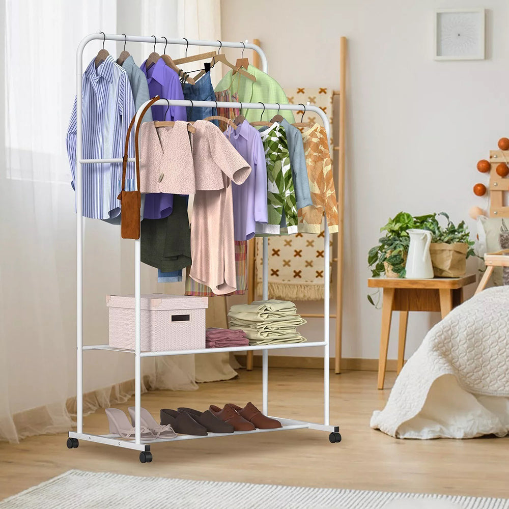 1.5m Clothes Rack Double Rail Rolling Stand Shoes Rack Storage Shelf_3