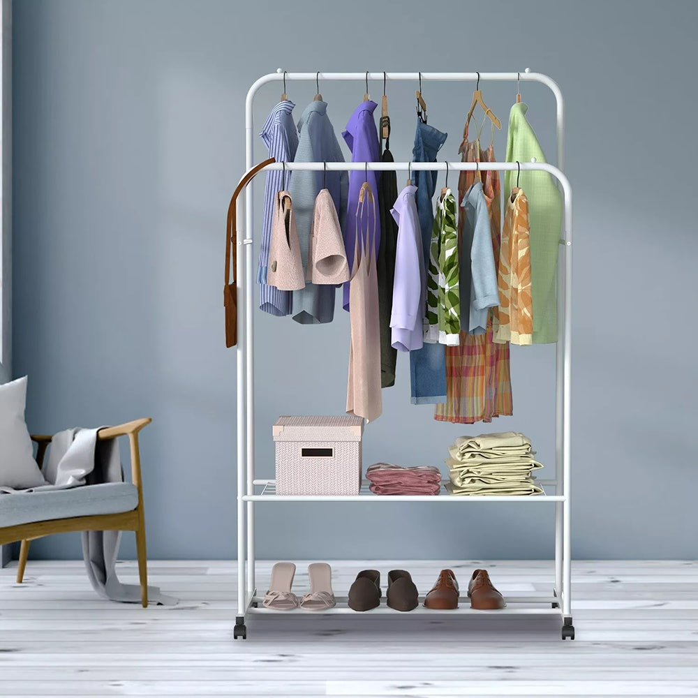 1.5m Clothes Rack Double Rail Rolling Stand Shoes Rack Storage Shelf_5