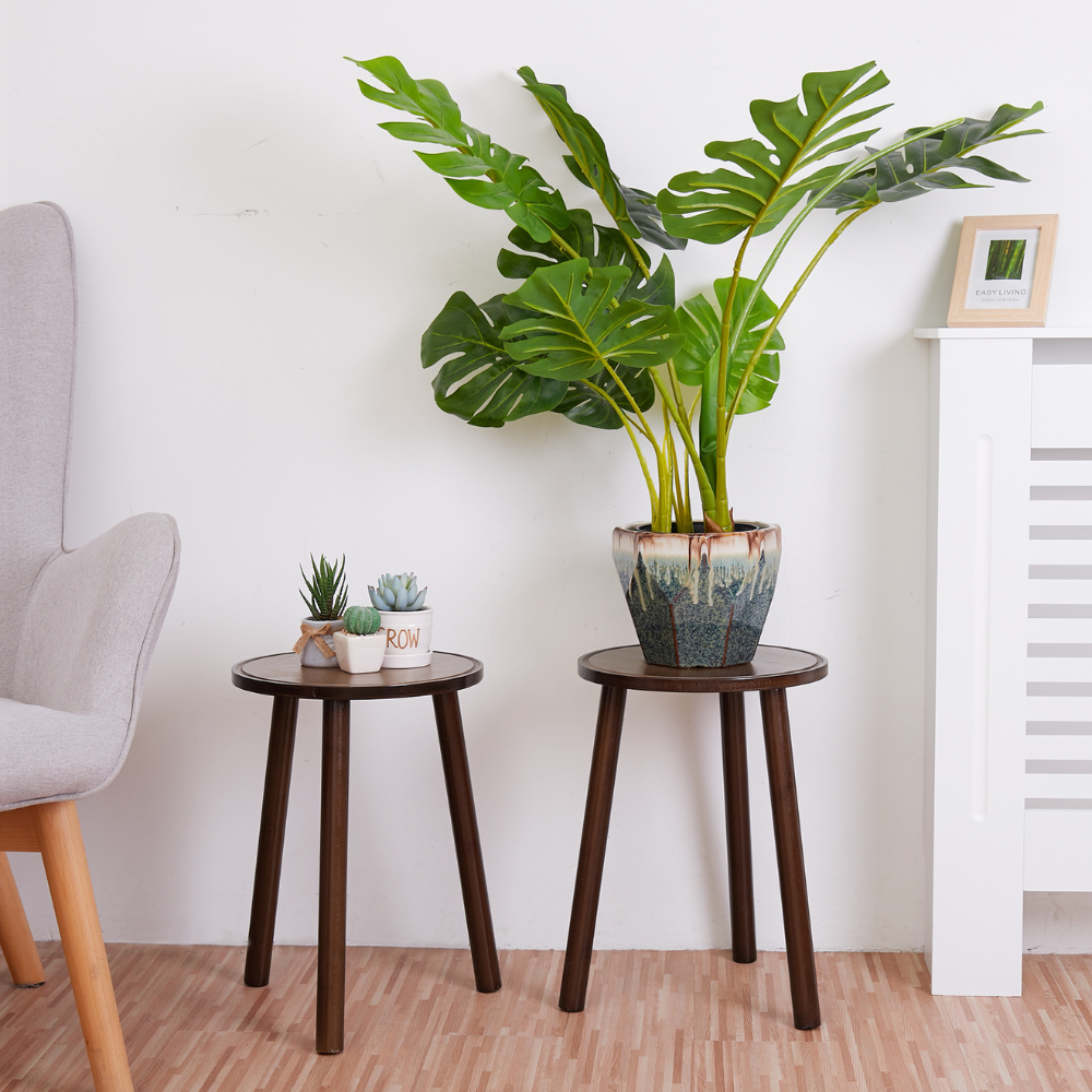 2PCS Small Side Table Round Wood Plant Stand Flower Pots_1
