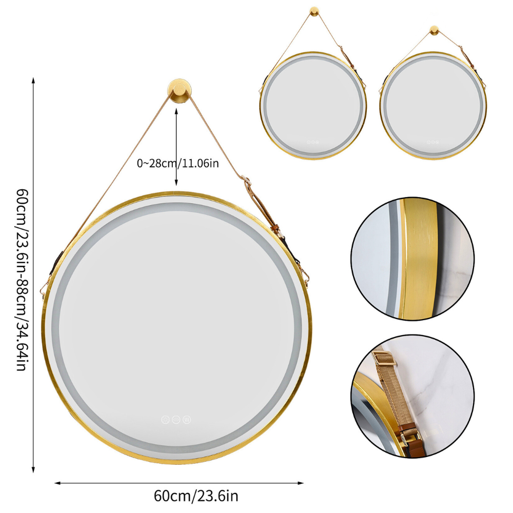 Round LED Dimmable Aluminum Fram HD Glass Wall Mounted Illuminated Vanity Mirror