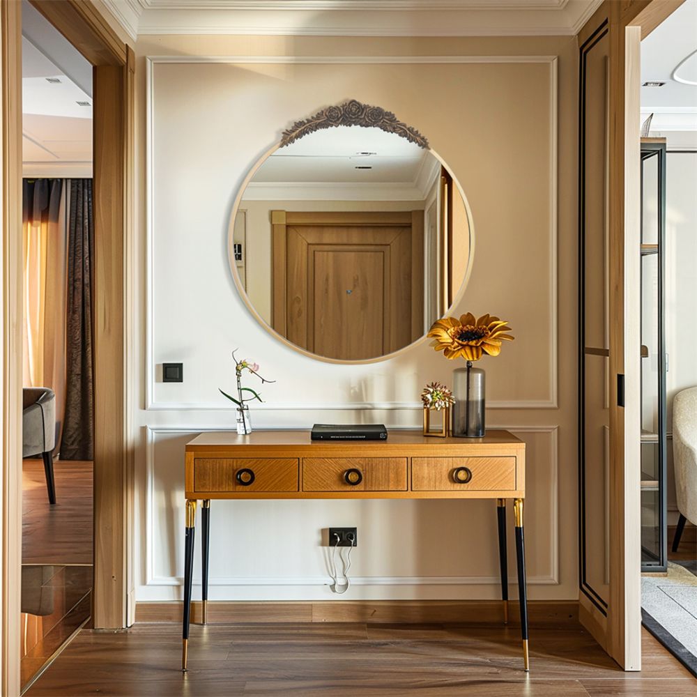 Stunning Baroque Brass Mirror Elegant Resin Rose Design