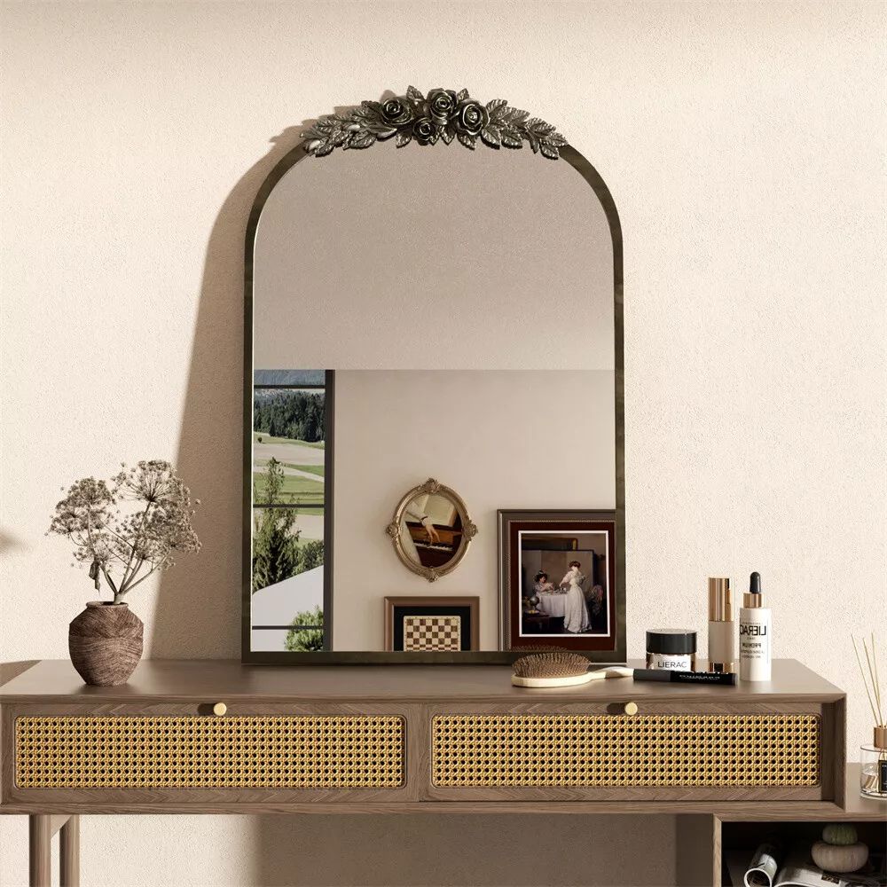 Stunning Baroque Brass Mirror Elegant Resin Rose Design