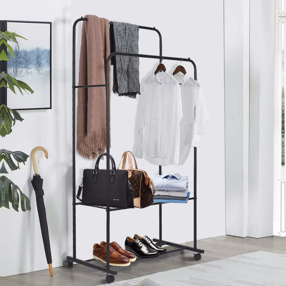 1.5m Clothes Rack Double Rail Rolling Stand Shoes Rack Storage Shelf_1