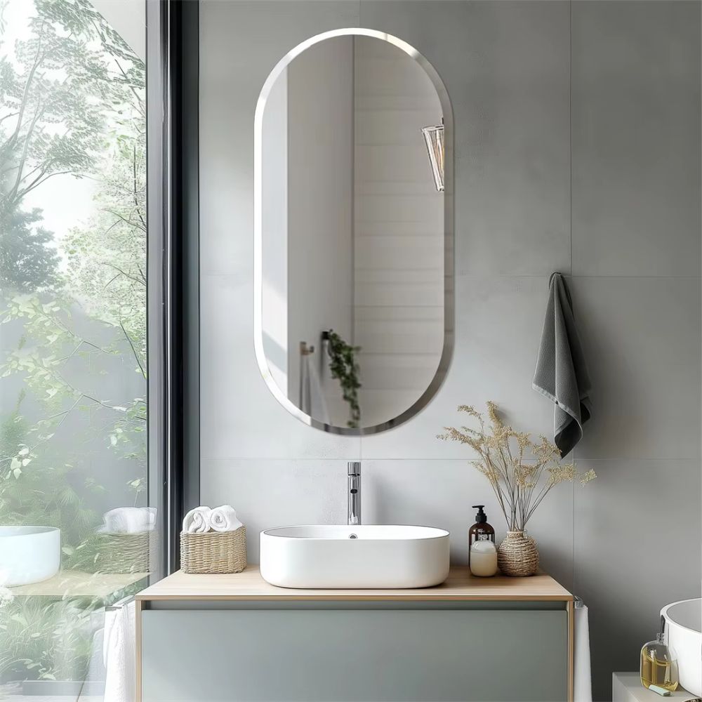 Stylish Frameless Long Oval Bathroom Vanity Mirror with Beveled Edge_4